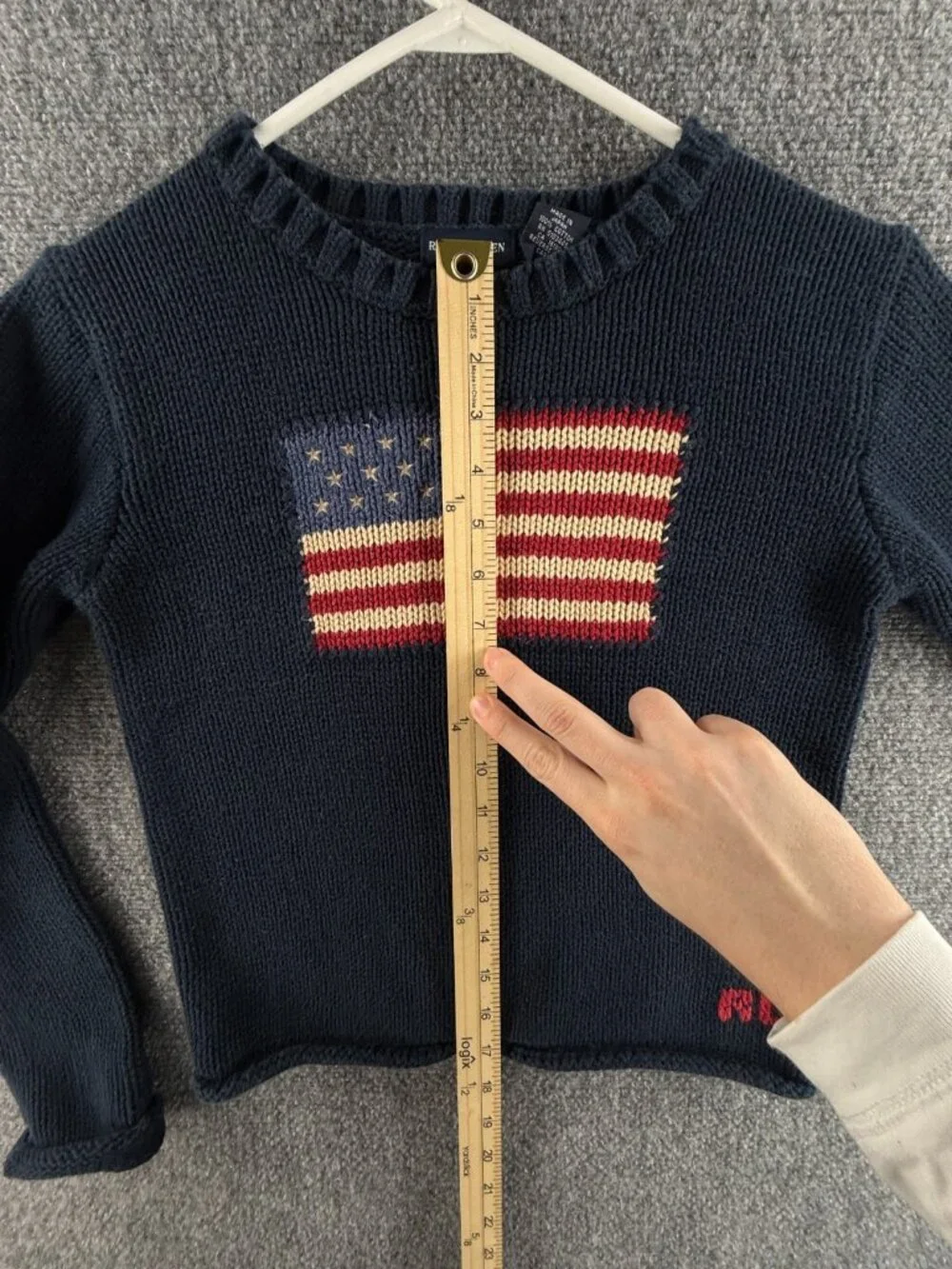 Ralph Lauren Boys Flag Sweater USA Large Cotton Japan Made Navy Blue Crew Neck